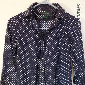Lauren Ralph Lauren No Iron Blue and White Polka Dot Blouse 3/4 Sleeve
